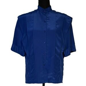 ✨ Vintage Oscar de la Renta Expressions Pleated Satin Blouse Sz 10 Blue